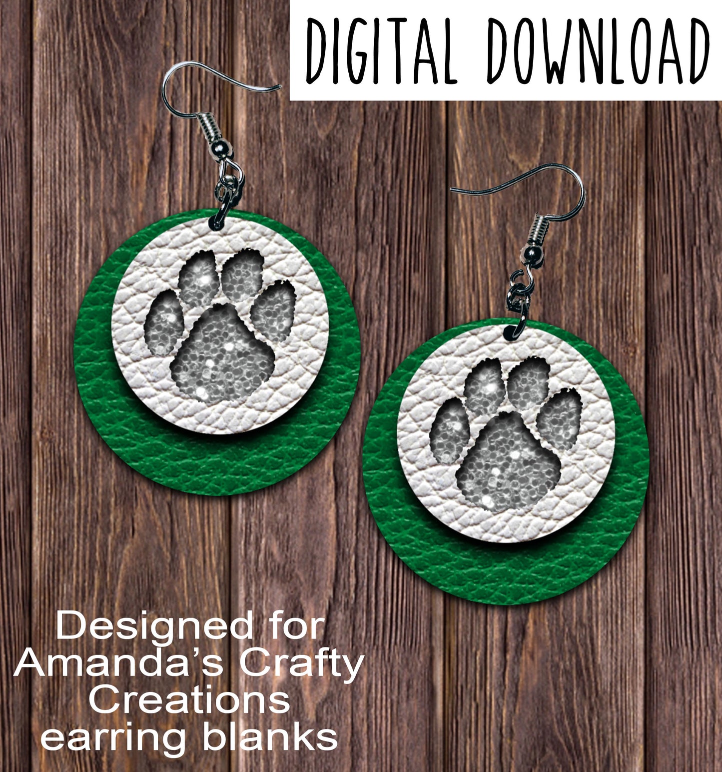 Green White Silver Chunk Paw Print Circle Earring Sublimation Design, Hand drawn Circle Sublimation earring design, digital download, JPG, PNG