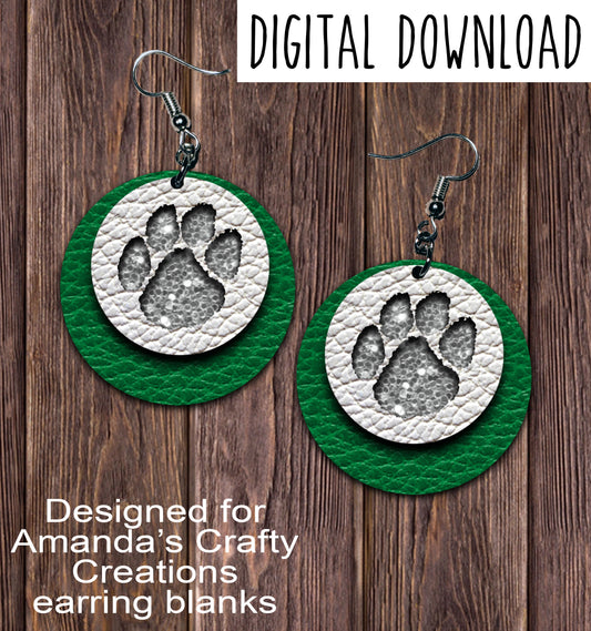 Green White Silver Chunk Paw Print Circle Earring Sublimation Design, Hand drawn Circle Sublimation earring design, digital download, JPG, PNG