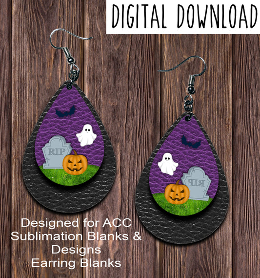 Halloween Graveyard Teardrop Earring Sublimation Design, Hand drawn Teardrop Sublimation earring design, digital download, JPG, PNG