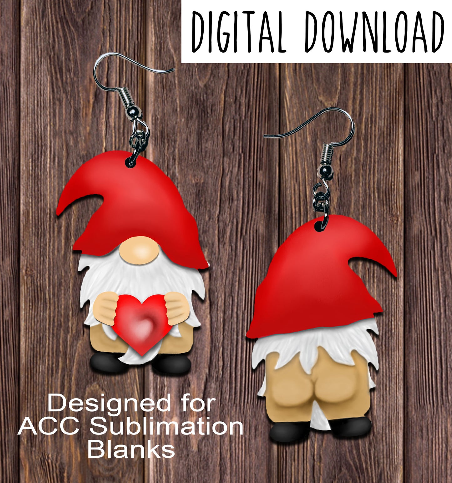 Double Sided Naked Gnome with Red Hat Sublimation Design, "Happy to see you" funny adult themed gnome design, Hand drawn Gnome Sublimation earring design, digital download, JPG, PNG