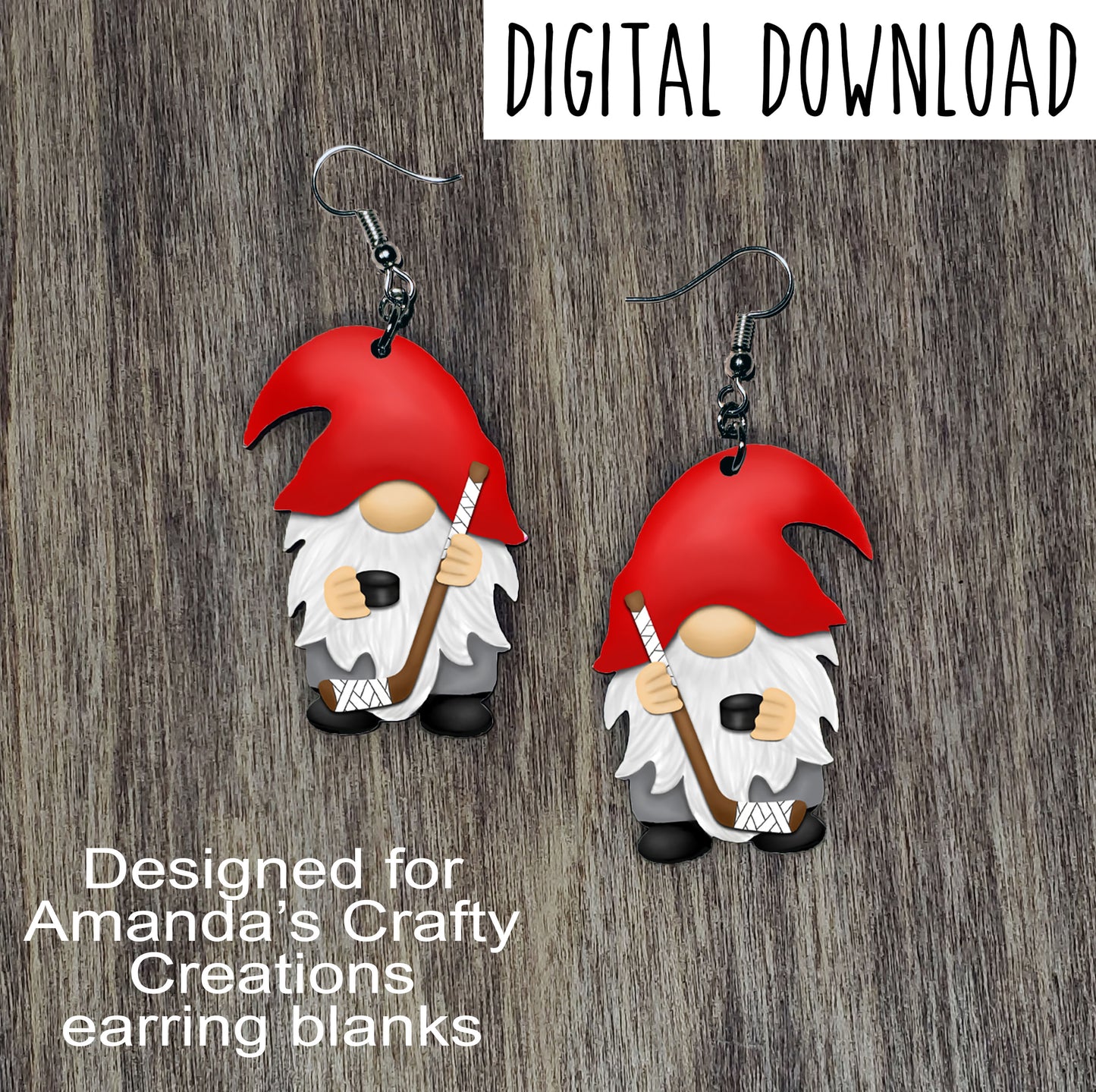 Hockey Gnome with Red Hat Sublimation Design, Hand drawn Gnome Sublimation earring design, digital download, JPG, PNG