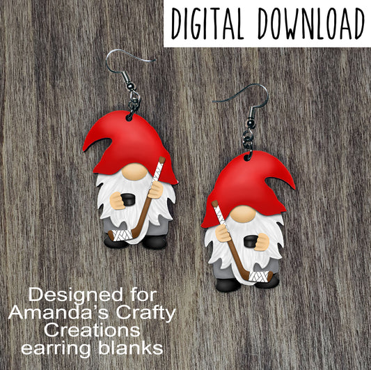 Hockey Gnome with Red Hat Sublimation Design, Hand drawn Gnome Sublimation earring design, digital download, JPG, PNG