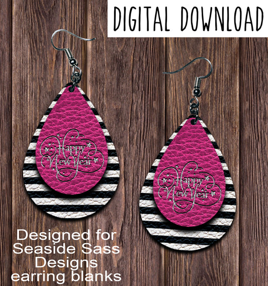 Hot Pink Striped New Years Teardrop Earring Sublimation Design, Hand drawn Teardrop Sublimation earring design, digital download, JPG, PNG