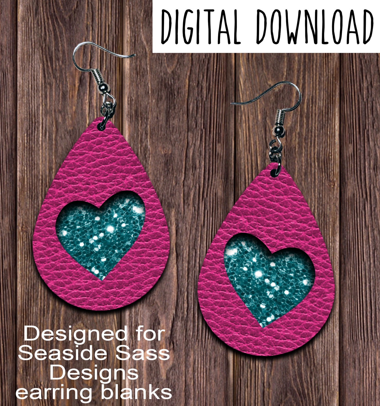 Hot Pink Turquoise Heart Cut Out Teardrop Earring Sublimation Design, Hand drawn Teardrop Sublimation earring design, digital download, JPG, PNG