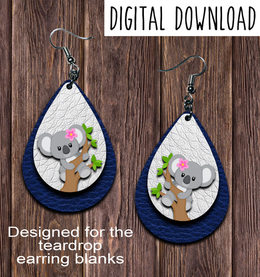 Koala in Tree Navy Teardrop Earring Sublimation Design, Hand drawn Teardrop Sublimation earring design, digital download, JPG, PNG