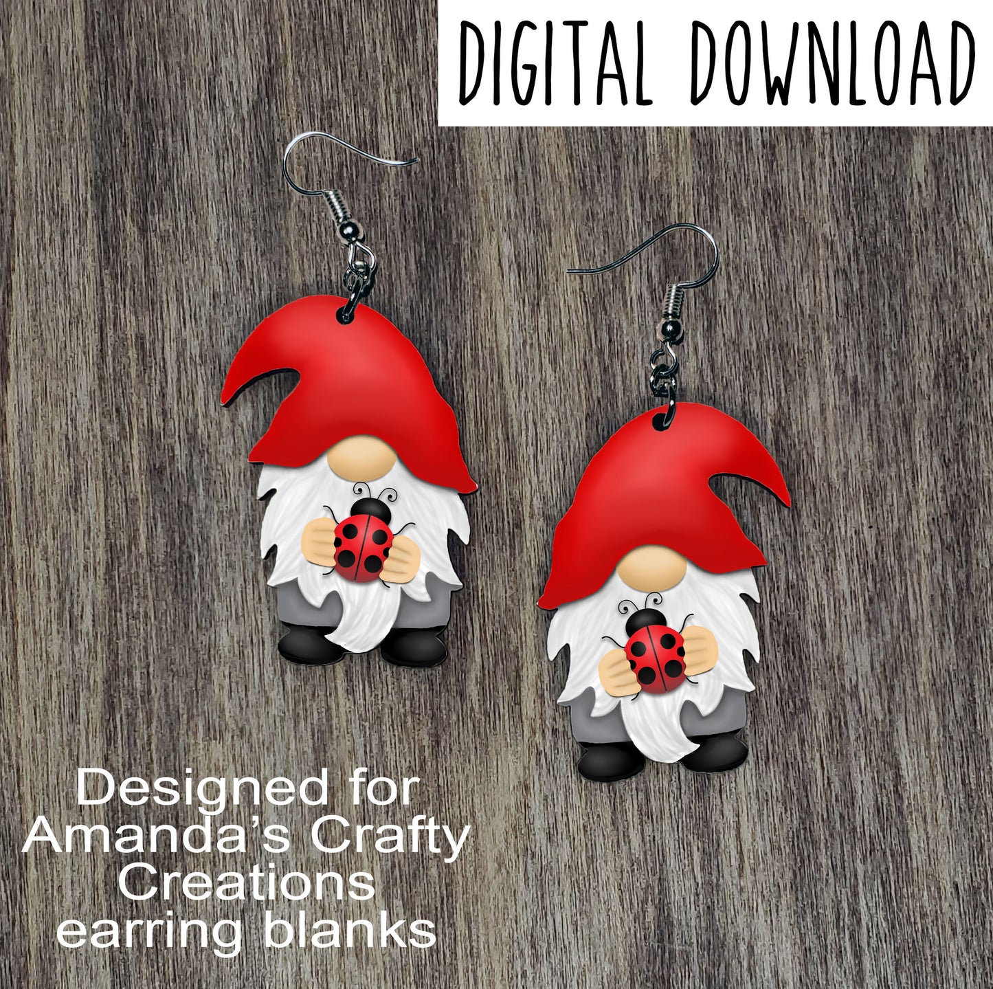 Ladybug Gnome with Red Hat Sublimation Design, Hand drawn Gnome Sublimation earring design, digital download, JPG, PNG