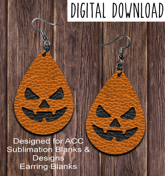 Leather Jack O Lantern Teardrop Earring Sublimation Design, Hand drawn Teardrop Sublimation earring design, digital download, JPG, PNG