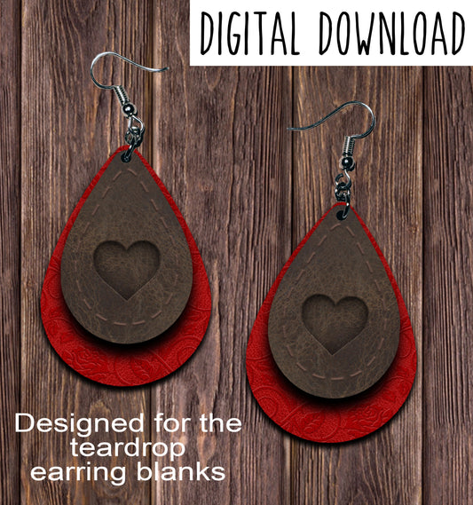Leather Stitched Embossed Heart Red Teardrop Earring Sublimation Design, Hand drawn Teardrop Sublimation earring design, digital download, JPG, PNG