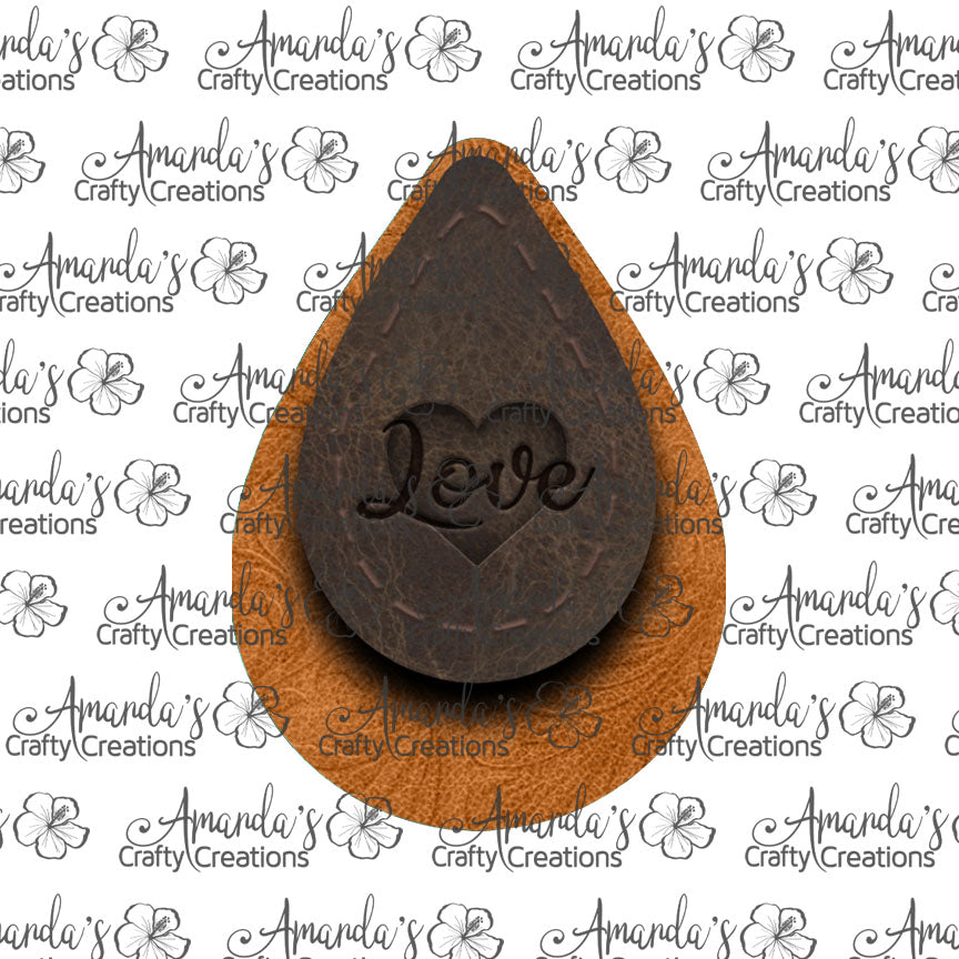 Leather Stitches Tan Embossed Heart Love Teardrop Earring Sublimation Design, Hand drawn Teardrop Sublimation earring design, digital download, JPG, PNG