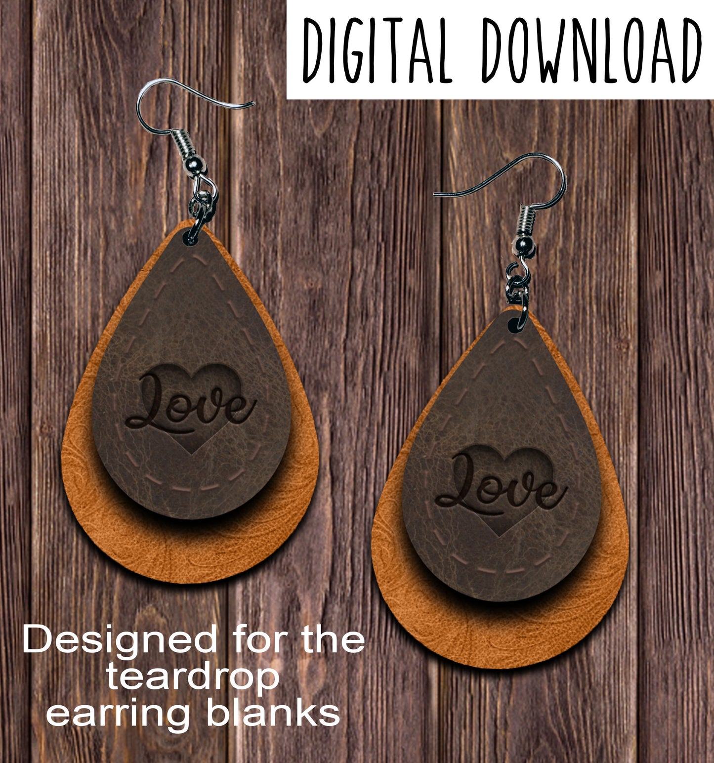 Leather Stitches Tan Embossed Heart Love Teardrop Earring Sublimation Design, Hand drawn Teardrop Sublimation earring design, digital download, JPG, PNG