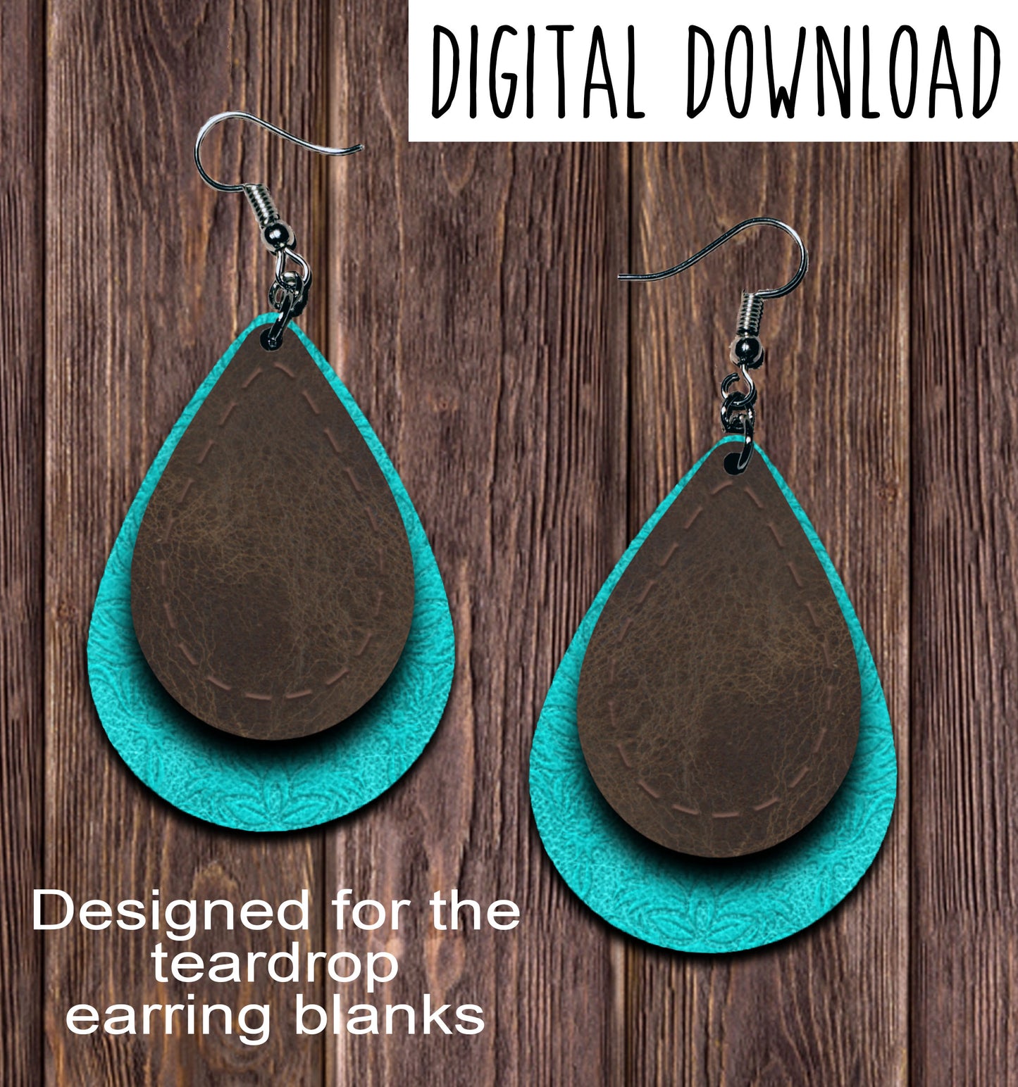 Leather Stitches Turquoise Embossed Teardrop Earring Sublimation Design, Hand drawn Teardrop Sublimation earring design, digital download, JPG, PNG