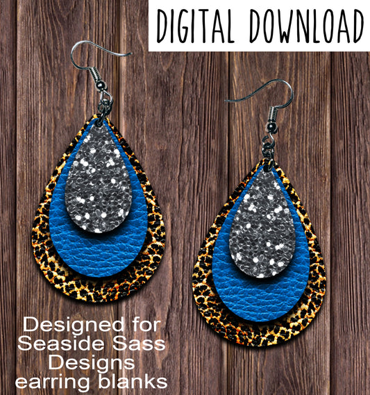 Leopard Blue Graphite Chunk Teardrop Earring Sublimation Design, Hand drawn Teardrop Sublimation earring design, digital download, JPG, PNG