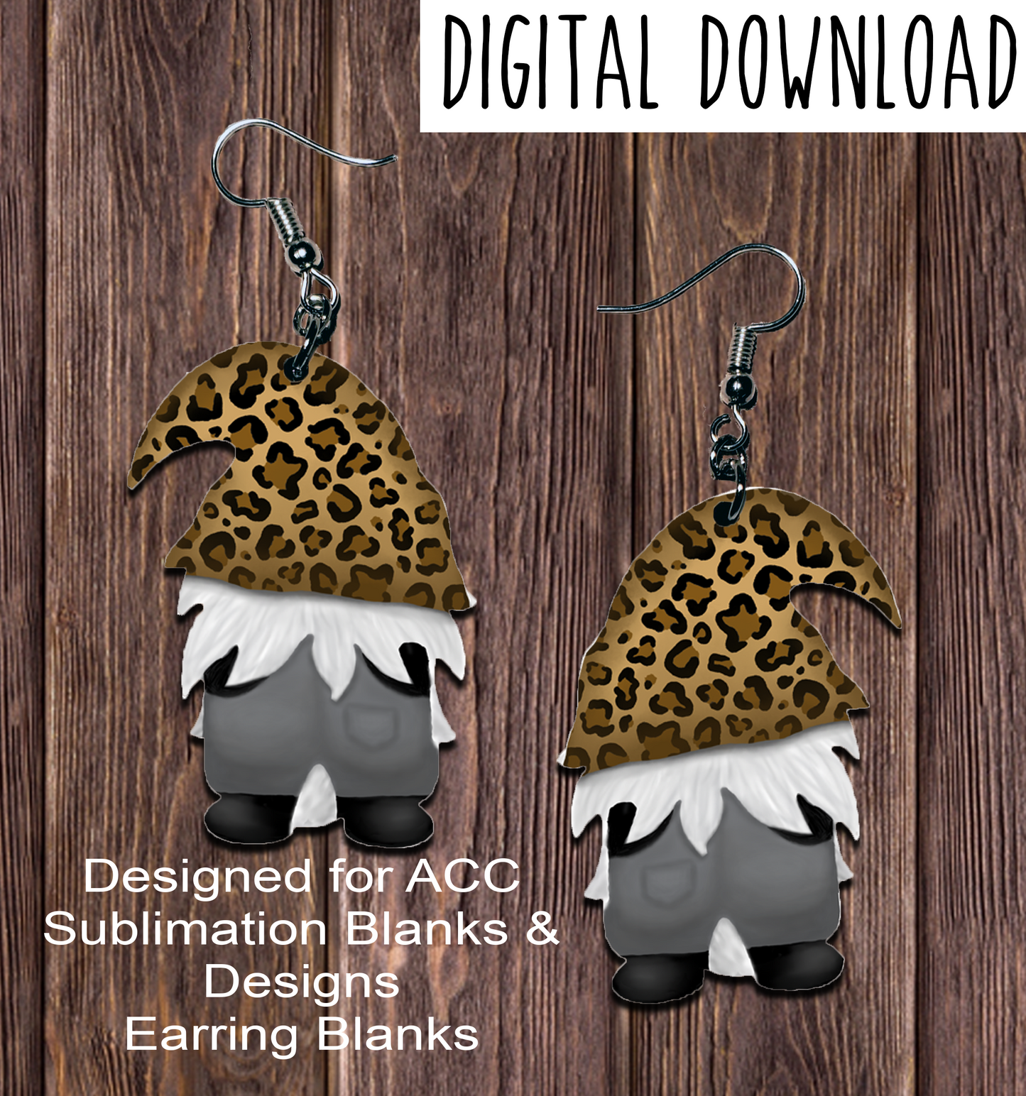 Leopard Hat Back Gnome Earring Sublimation Design, Hand drawn Gnome Sublimation earring design, digital download, JPG, PNG