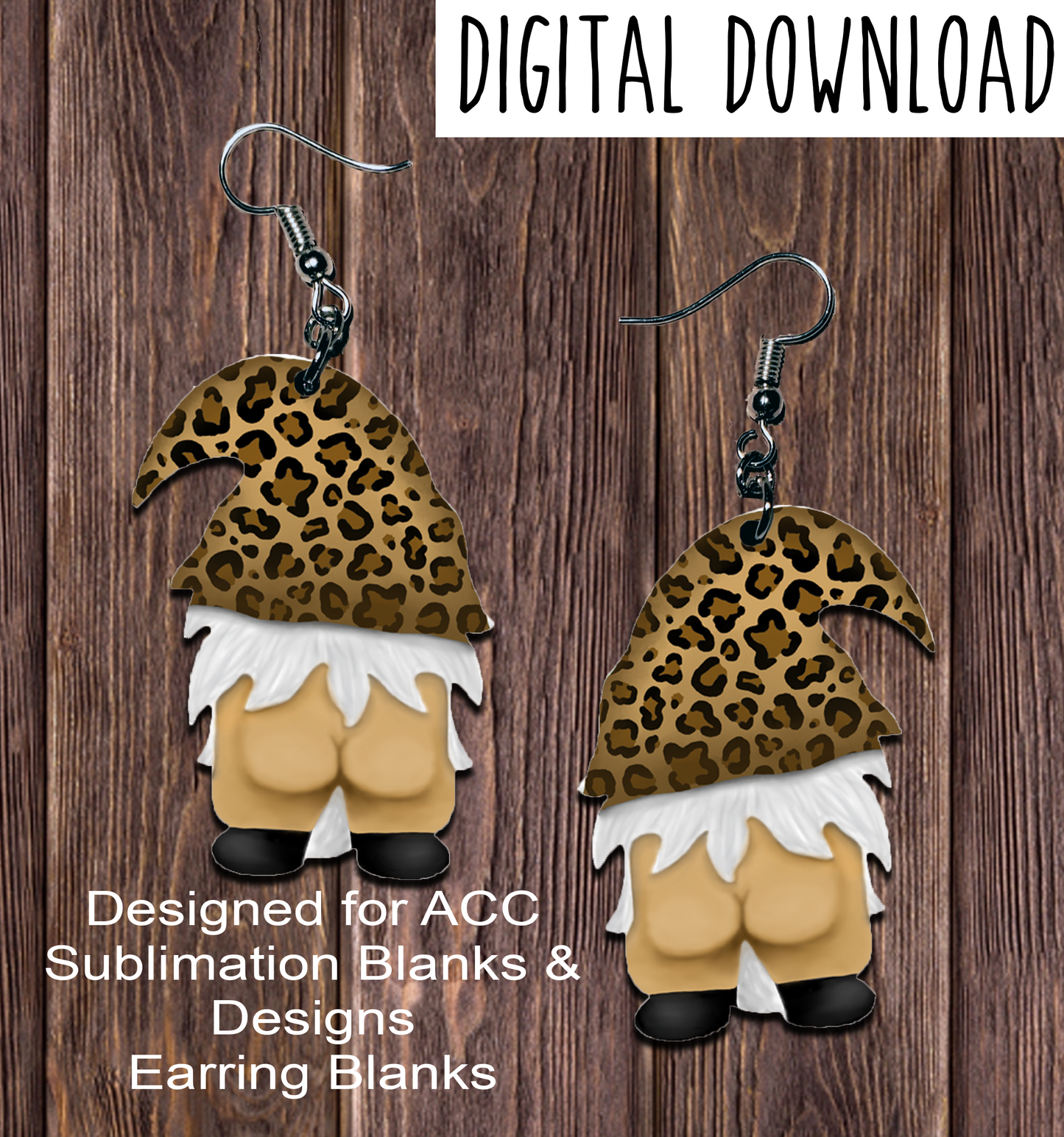 Leopard Hat Naked Back Gnome Earring Sublimation Design, Hand drawn Gnome Sublimation earring design, digital download, JPG, PNG