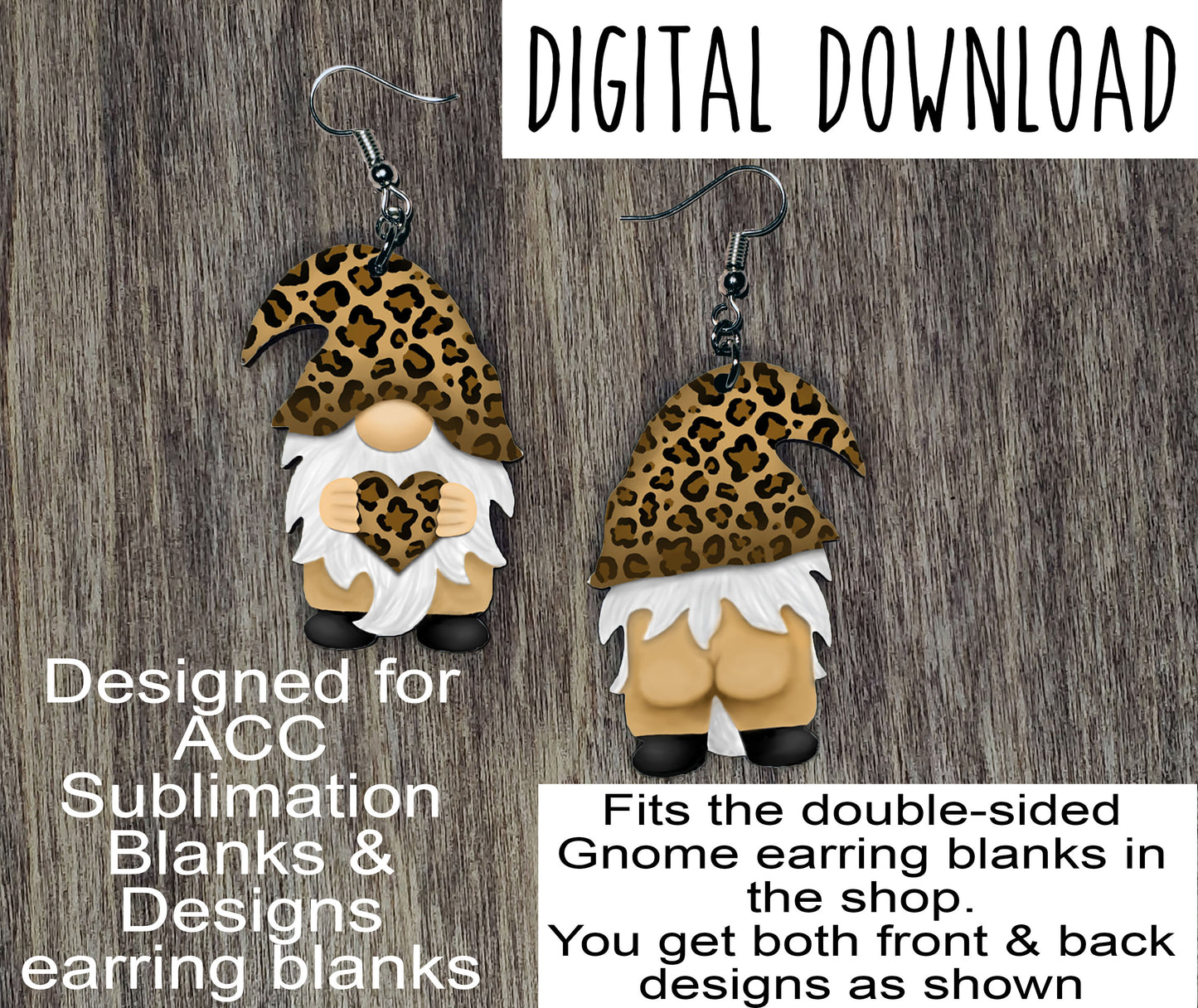 Double Sided Naked Gnome with Leopard Hat Sublimation Design, Leopard print heart naked gnome design, Hand drawn Gnome Sublimation earring design, digital download, JPG, PNG
