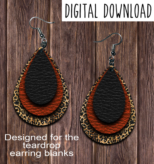 Leopard Orange Black Teardrop Earring Sublimation Design, Hand drawn Teardrop Sublimation earring design, digital download, JPG, PNG