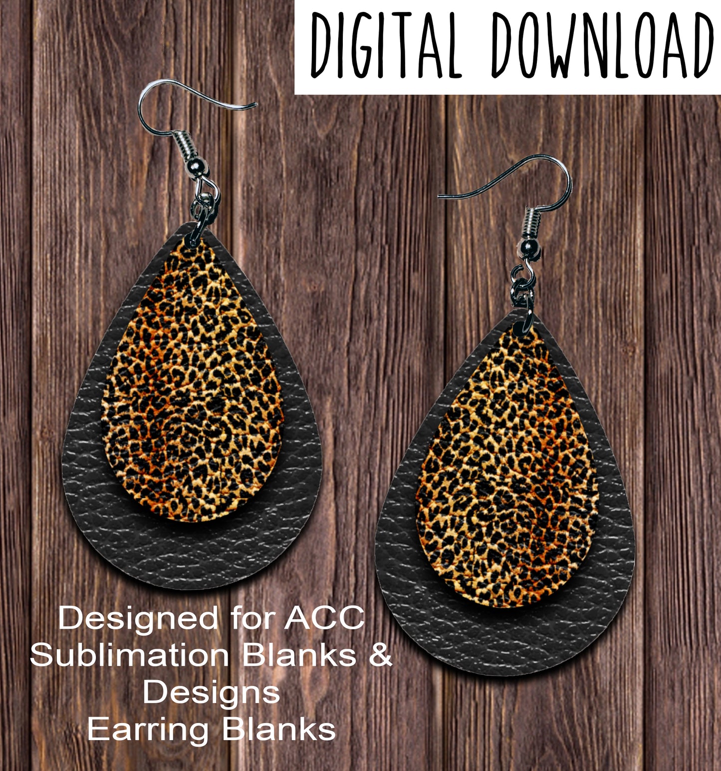 Leopard Print Black Teardrop Earring Sublimation Design, Hand drawn Teardrop Sublimation earring design, digital download, JPG, PNG