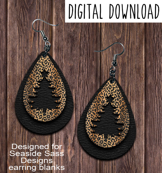 Leopard Black Tree Cut Out Teardrop Earring Sublimation Design, Hand drawn Teardrop Sublimation earring design, digital download, JPG, PNG