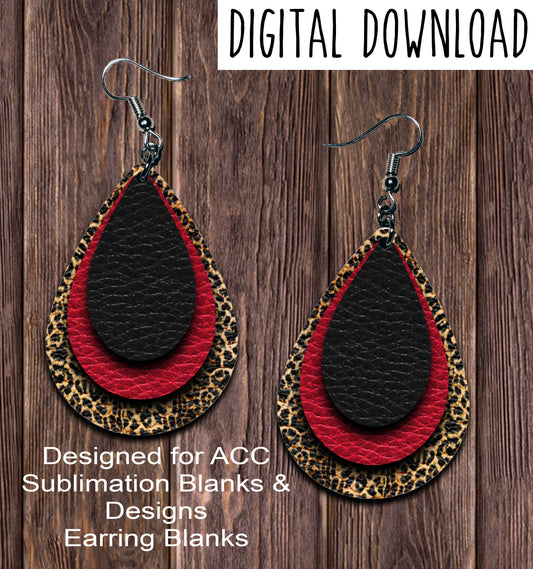 Leopard Red Black Teardrop Earring Sublimation Design, Hand drawn Teardrop Sublimation earring design, digital download, JPG, PNG