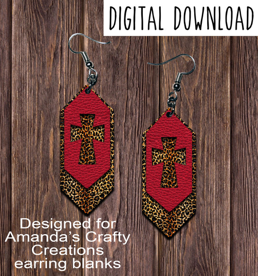 Red Leopard Cross Cutout Cascade Sublimation Earring Sublimation Design, Hand drawn Cascade Sublimation earring design, digital download, JPG, PNG