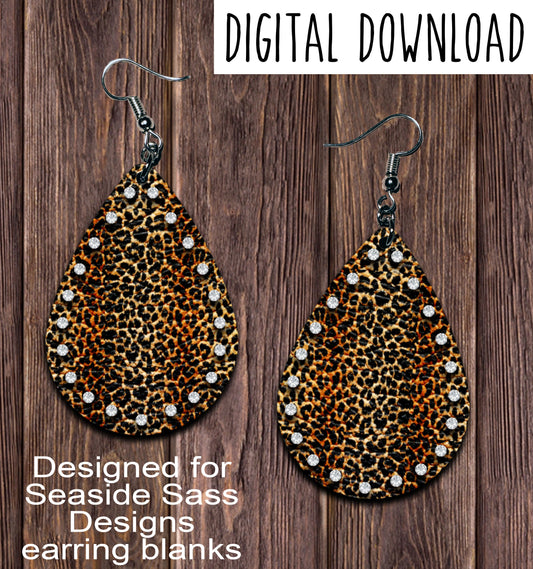 Leopard Rhinestone Border Teardrop Earring Sublimation Design, Hand drawn Teardrop Sublimation earring design, digital download, JPG, PNG