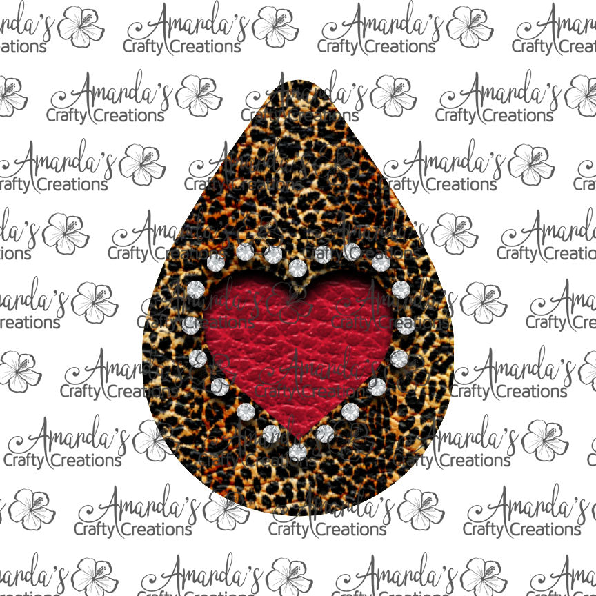 Leopard Rhinestone Red Heart Teardrop Earring Sublimation Design, Hand drawn Teardrop Sublimation earring design, digital download, JPG, PNG