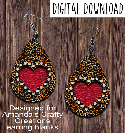 Leopard Rhinestone Red Heart Teardrop Earring Sublimation Design, Hand drawn Teardrop Sublimation earring design, digital download, JPG, PNG