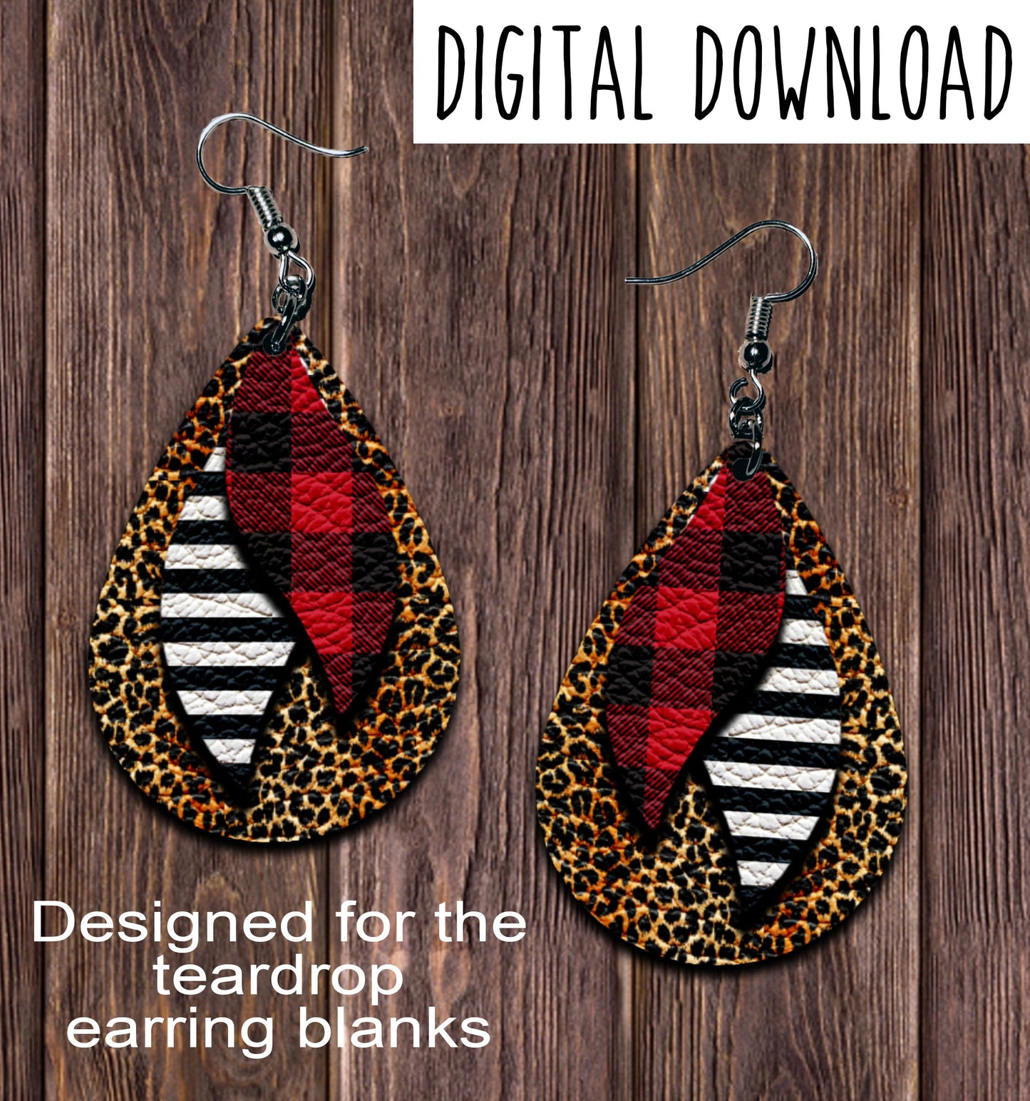 Leopard Buffalo Plaid Stripe Teardrop Earring Sublimation Design, Hand drawn Teardrop Sublimation earring design, digital download, JPG, PNG