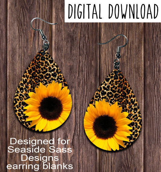 Leopard Sunflower Teardrop Earring Sublimation Design, Hand drawn Teardrop Sublimation earring design, digital download, JPG, PNG