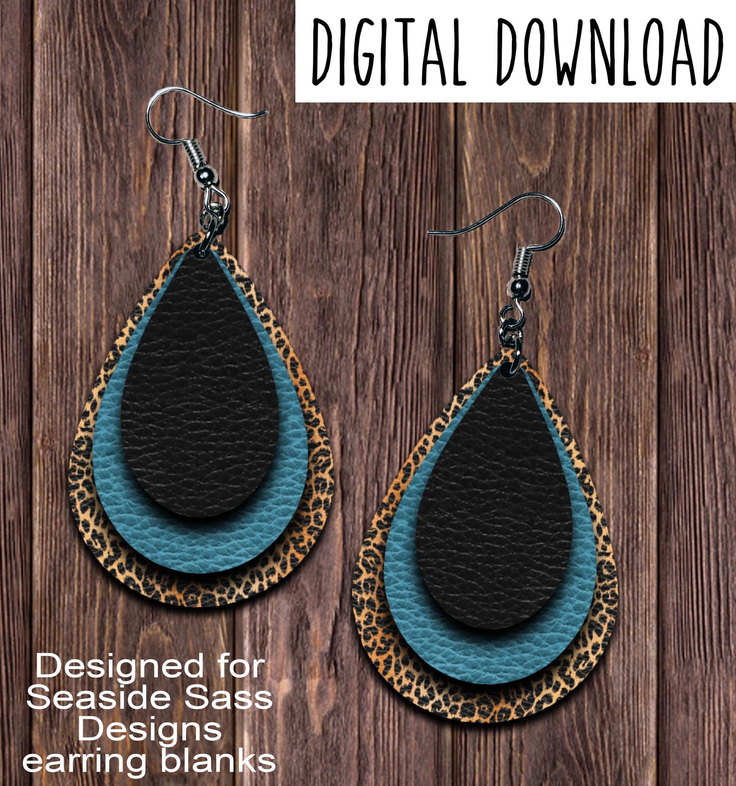 Leopard Turquoise Black Teardrop Earring Sublimation Design, Hand drawn Teardrop Sublimation earring design, digital download, JPG, PNG