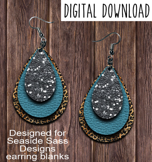 Leopard Turquoise Glitter Teardrop Earring Sublimation Design, Hand drawn Teardrop Sublimation earring design, digital download, JPG, PNG