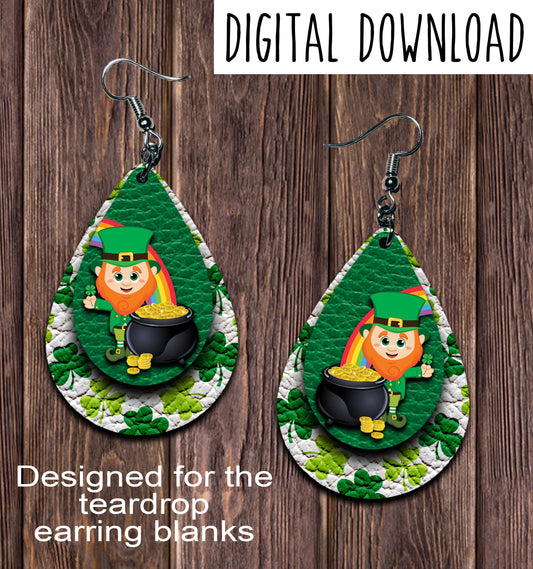 Leprechaun Shamrock Rainbow Teardrop Earring Sublimation Design, Hand drawn Teardrop Sublimation earring design, digital download, JPG, PNG