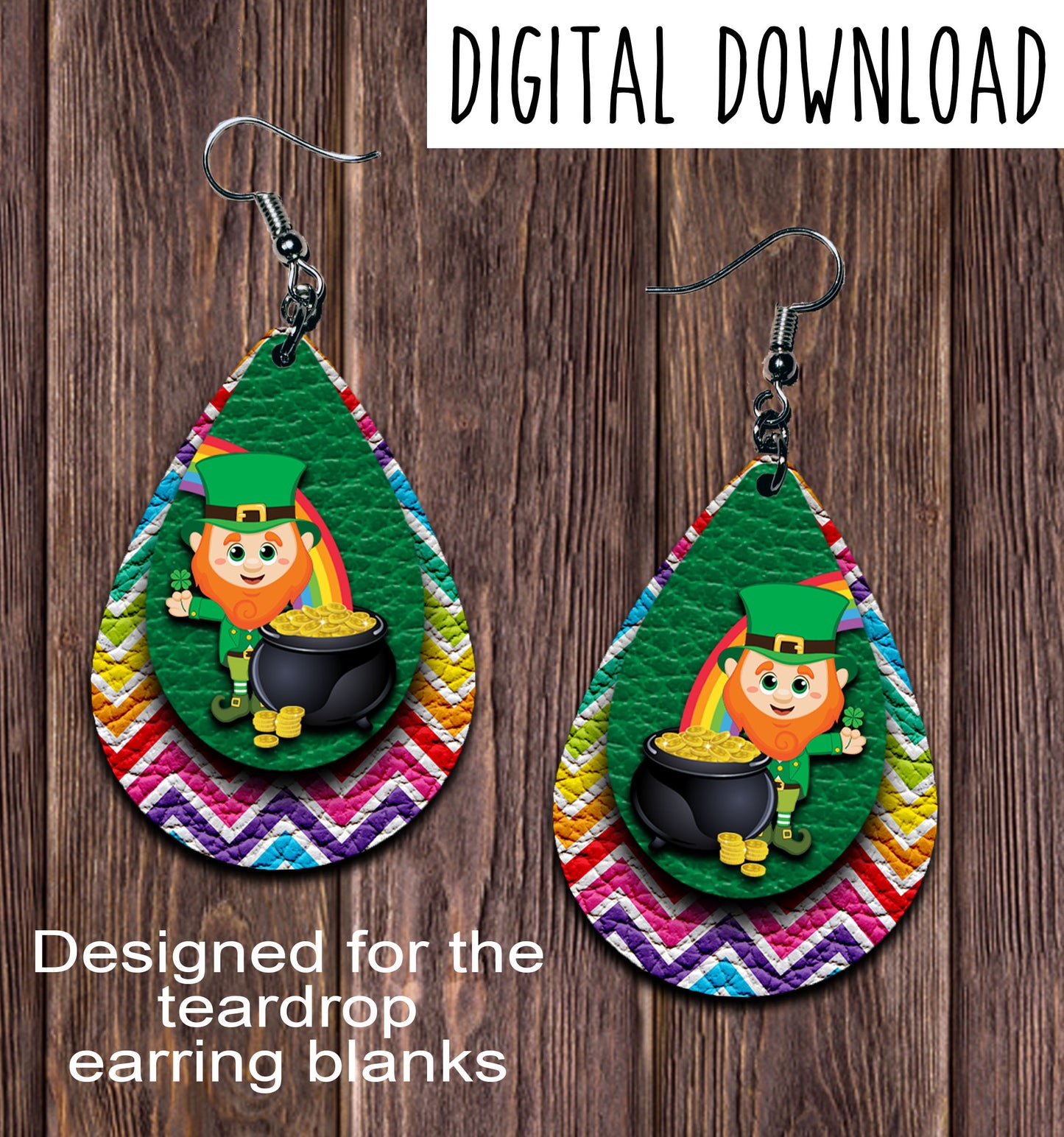 Leprechaun Chevron Rainbow Teardrop Earring Sublimation Design, Hand drawn Teardrop Sublimation earring design, digital download, JPG, PNG