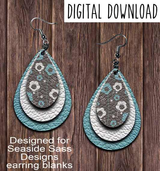 Light Blue Grey Floral Teardrop Earring Sublimation Design, Hand drawn Teardrop Sublimation earring design, digital download, JPG, PNG