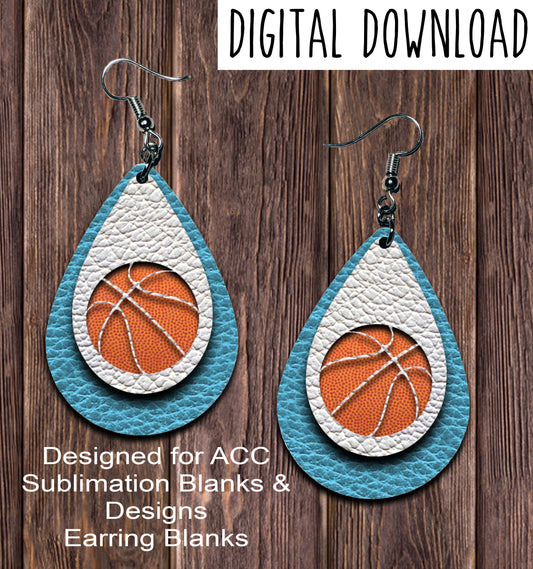 Light Blue White Basketball Cut Out Teardrop Earring Sublimation Design, Hand drawn Teardrop Sublimation earring design, digital download, JPG, PNG