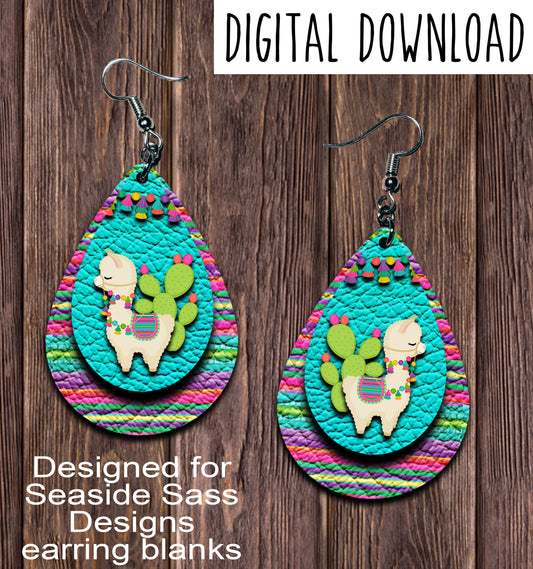 Light Llama Aqua Teardrop Earring Sublimation Design, Hand drawn Teardrop Sublimation earring design, digital download, JPG, PNG