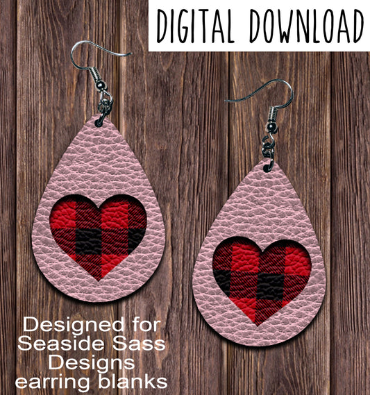 Light Pink Buffalo Plaid Heart Teardrop Earring Sublimation Design, Hand drawn Teardrop Sublimation earring design, digital download, JPG, PNG