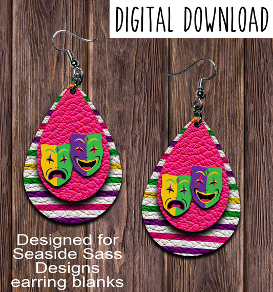 Mardi Gras Drama Masks Teardrop Earring Sublimation Design, Hand drawn Teardrop Sublimation earring design, digital download, JPG, PNG