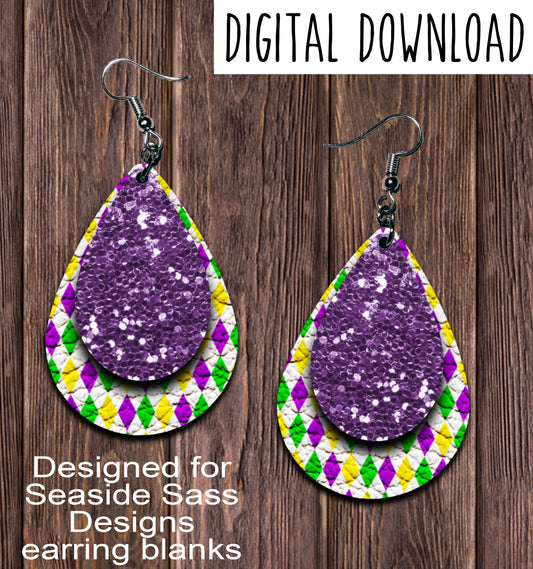 Mardi Gras Purple Chunk Teardrop Earring Sublimation Design, Hand drawn Teardrop Sublimation earring design, digital download, JPG, PNG