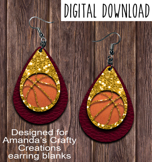 Maroon Gold Glitter Basketball Cut Out Teardrop Earring Sublimation Design, Hand drawn Teardrop Sublimation earring design, digital download, JPG, PNG