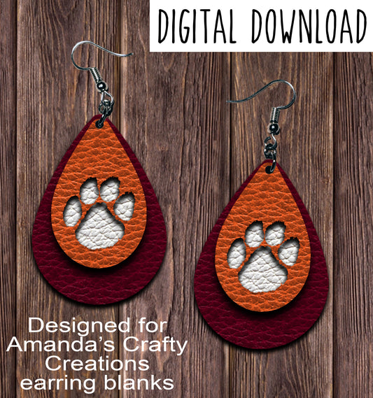 Maroon Orange Paw Print Cut Out Teardrop Earring Sublimation Design, Hand drawn Teardrop Sublimation earring design, digital download, JPG, PNG