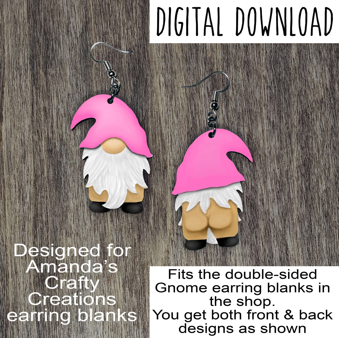 Double Sided Naked Gnome with Pink Hat Sublimation Design, Hand drawn Gnome Sublimation earring design, digital download, JPG, PNG