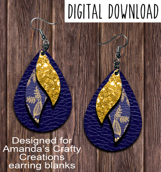 Navy Gold Floral Triple Layer Teardrop Earring Sublimation Design, Hand drawn Teardrop Sublimation earring design, digital download, JPG, PNG