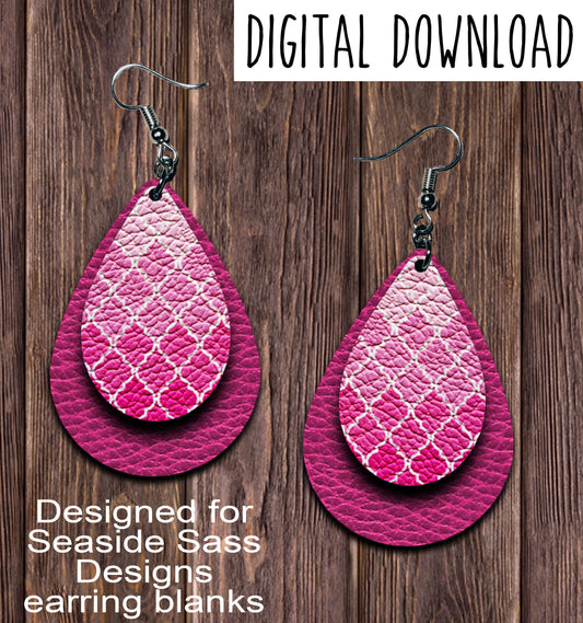 Ombre Pink Quatrefoil Teardrop Earring Sublimation Design, Hand drawn Teardrop Sublimation earring design, digital download, JPG, PNG