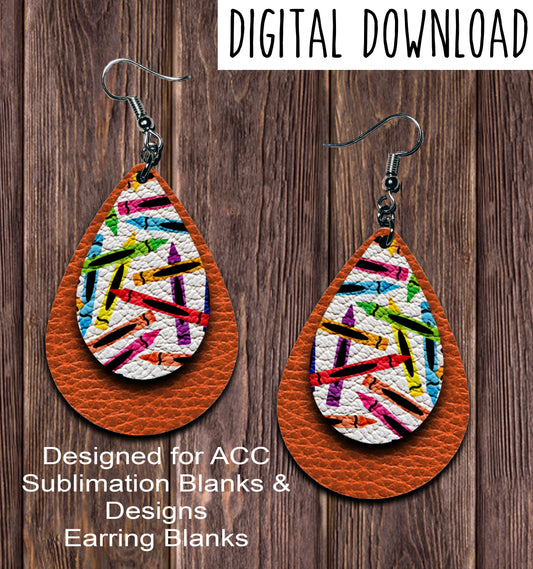 Orange Crayon Teardrop Earring Sublimation Design, Hand drawn Teardrop Sublimation earring design, digital download, JPG, PNG