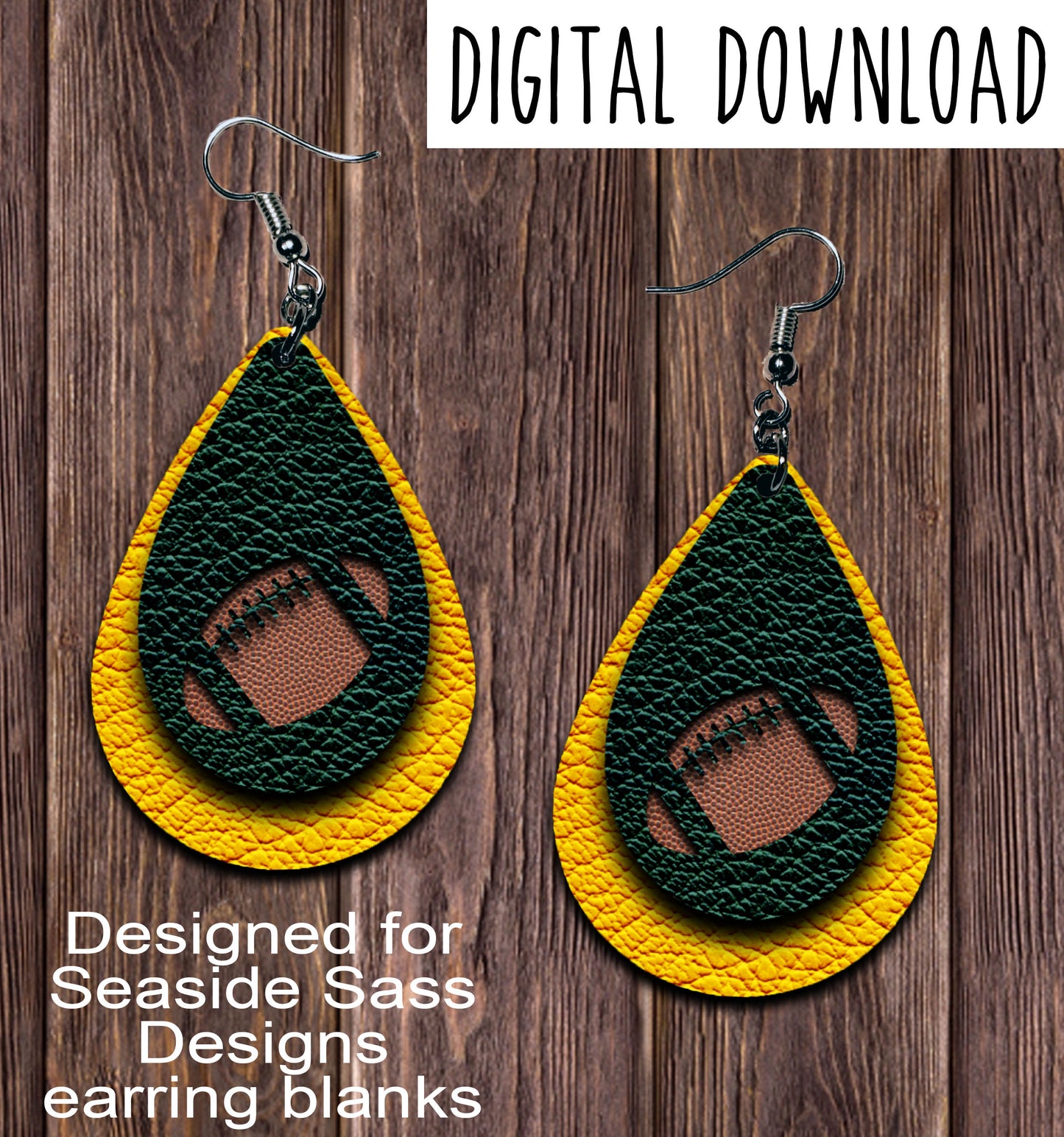 Green and Gold Football Cut Out Teardrop Earring Sublimation Design, Hand drawn Teardrop Sublimation earring design, digital download, JPG, PNG