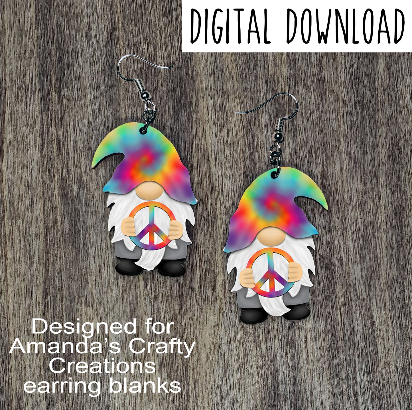 Peace Sign TieDye Gnome Sublimation Design, Hand drawn Gnome Sublimation earring design, digital download, JPG, PNG