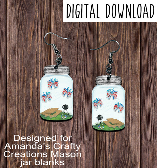 Picnic Fireworks Mason Jar Earring Sublimation Design, Hand drawn Mason Jar Sublimation earring design, digital download, JPG, PNG