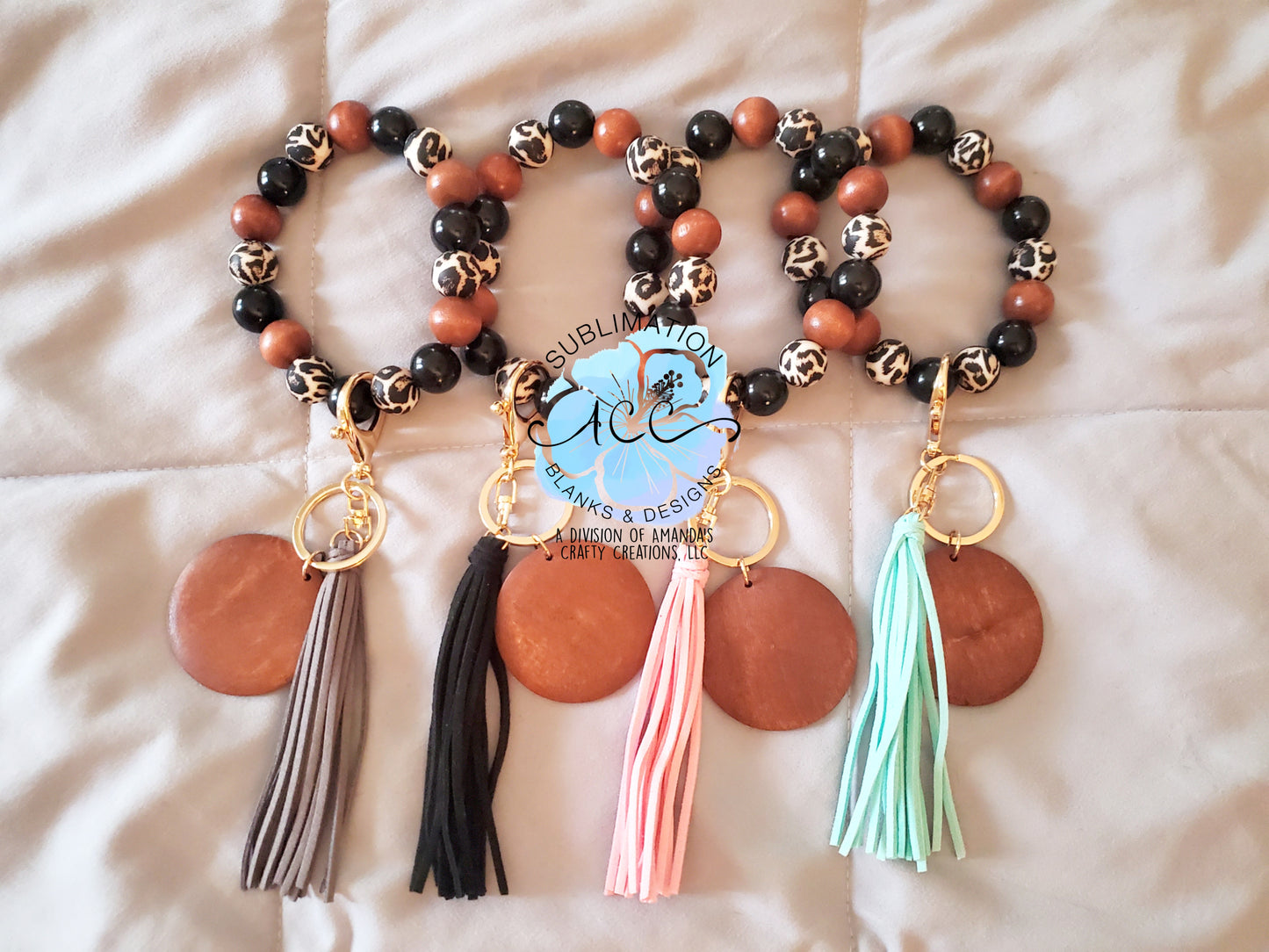 BYO wristlet, build your own keychain bracelet, wood disc with tassel, silicone or wood bead keychain bracelets, laser blanks, laser engraving blank