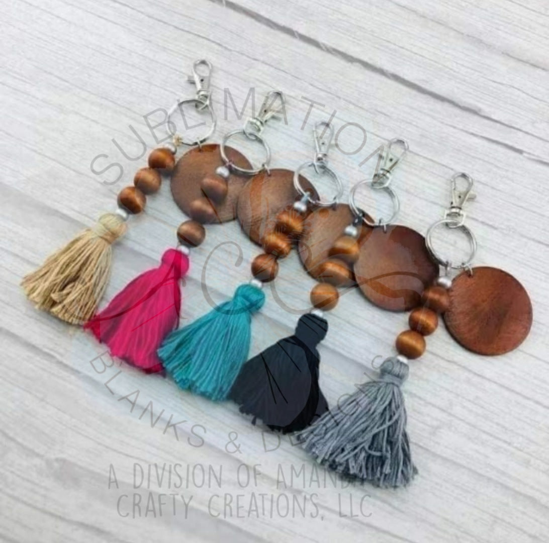 Wood disc keychain with beads/tassel, silver ring and clasp, laser engraving wood disc keychain with beads RTS